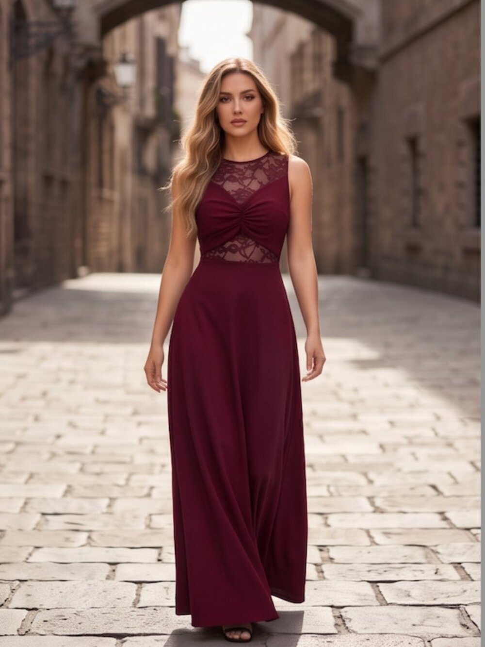 Burgundy Sleeveless Lace Insert Maxi Dress – Ruched Twist Bodice Illusion Dress
